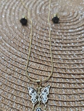 Gold-Tone White & Black Butterfly Pendant Necklace - Unbranded